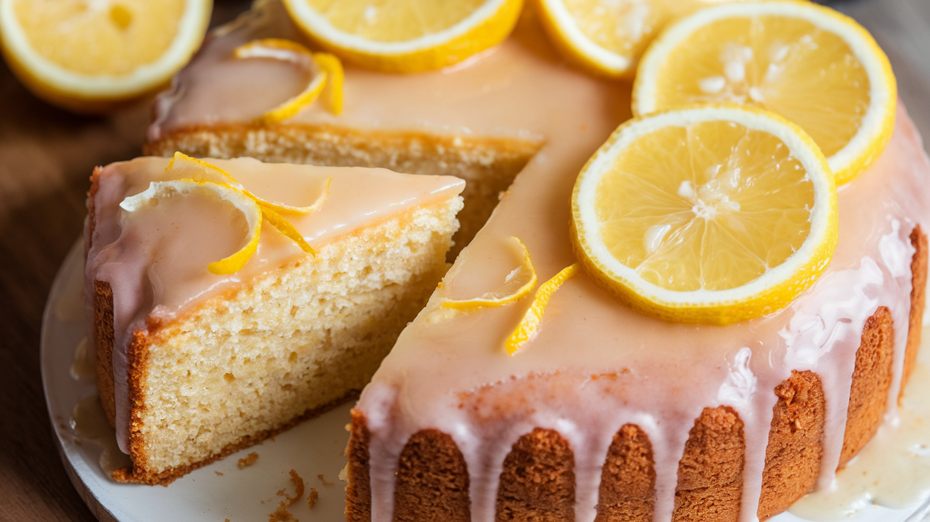 A freshly baked lemon drizzle cake on a wooden cutting board, topped with a shiny lemon glaze and garnished with lemon zest