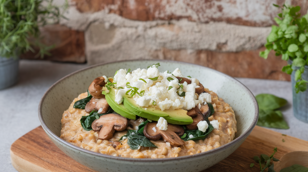 Savory oatmeal bowl with sautéed vegetables, a soft-boiled egg, avocado slices, and fresh herbs, served on a rustic wooden table.