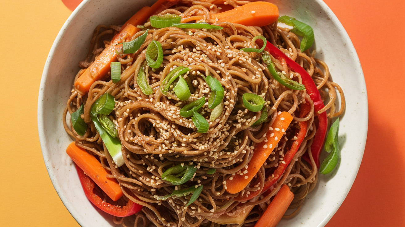 Colorful Asian Noodle Salad with fresh vegetables, noodles, and a tangy sesame dressing, served in a bowl with lime wedges