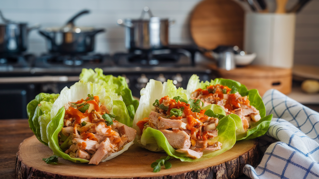 Healthy turkey lettuce wraps with seasoned ground turkey, fresh veggies, and garnishes.