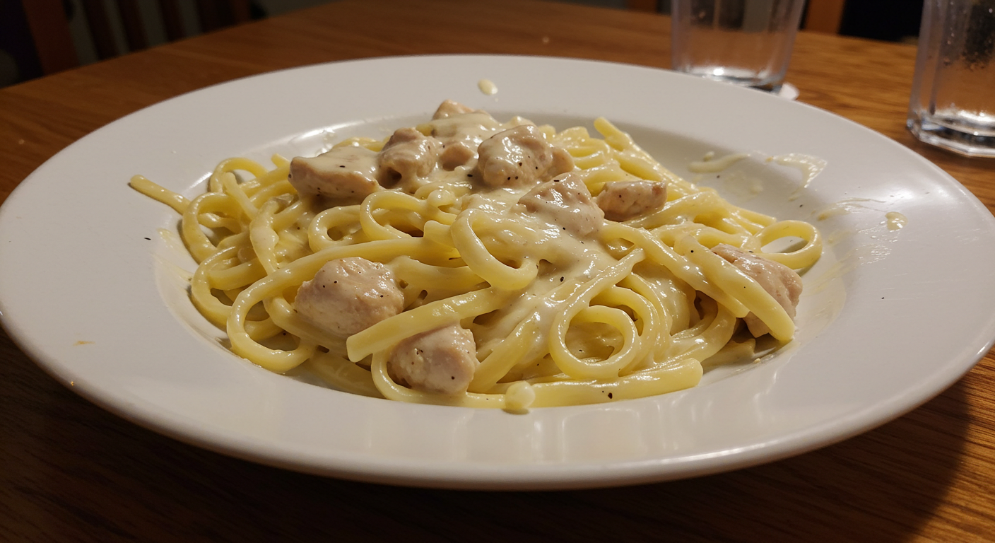 Delicious chicken fettuccine alfredo served with creamy sauce and vegetables