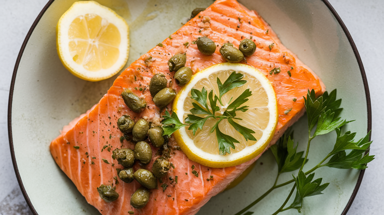 Golden-seared salmon fillets topped with a tangy lemon-butter caper sauce, garnished with fresh parsley on a white plate.