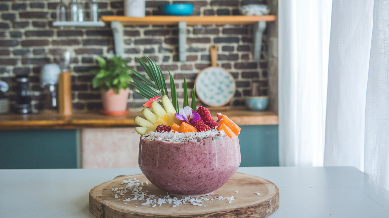 Tropical smoothie acai bowl topped with fresh fruit, granola, and seeds.