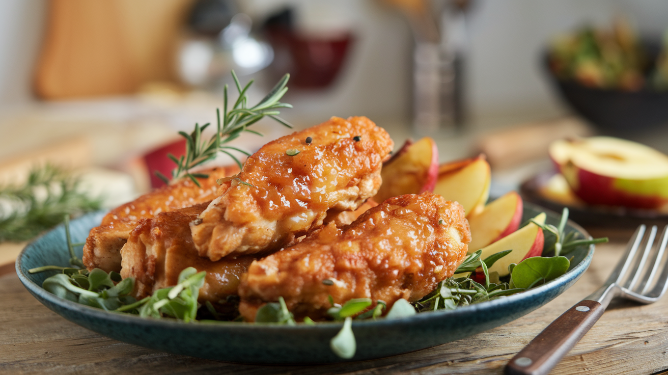 Golden-brown apple and honey-glazed chicken tenders served on a platter, garnished with fresh herbs for a perfect blend of sweet and savory.
