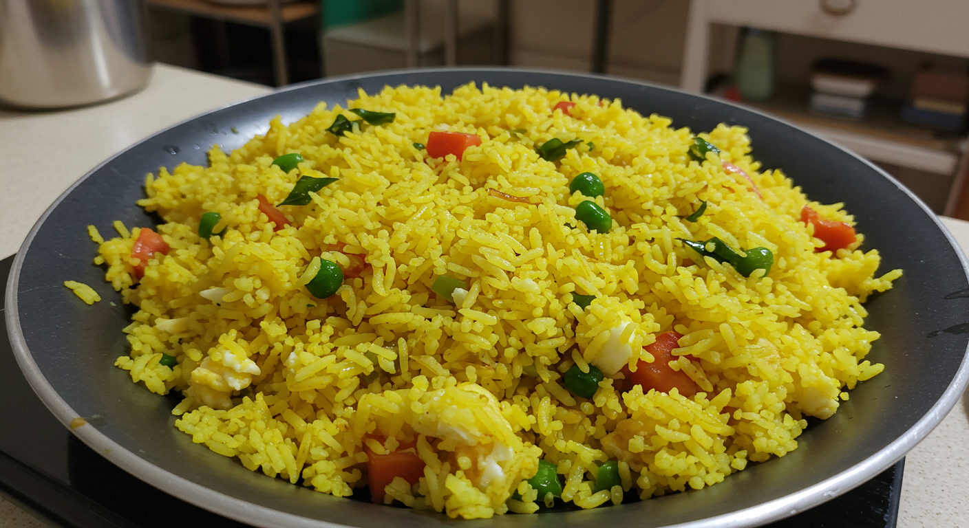 A vibrant plate of Anjappar style egg fried rice, featuring fluffy basmati rice, scrambled eggs, and colorful vegetables, garnished with fresh coriander leaves.
