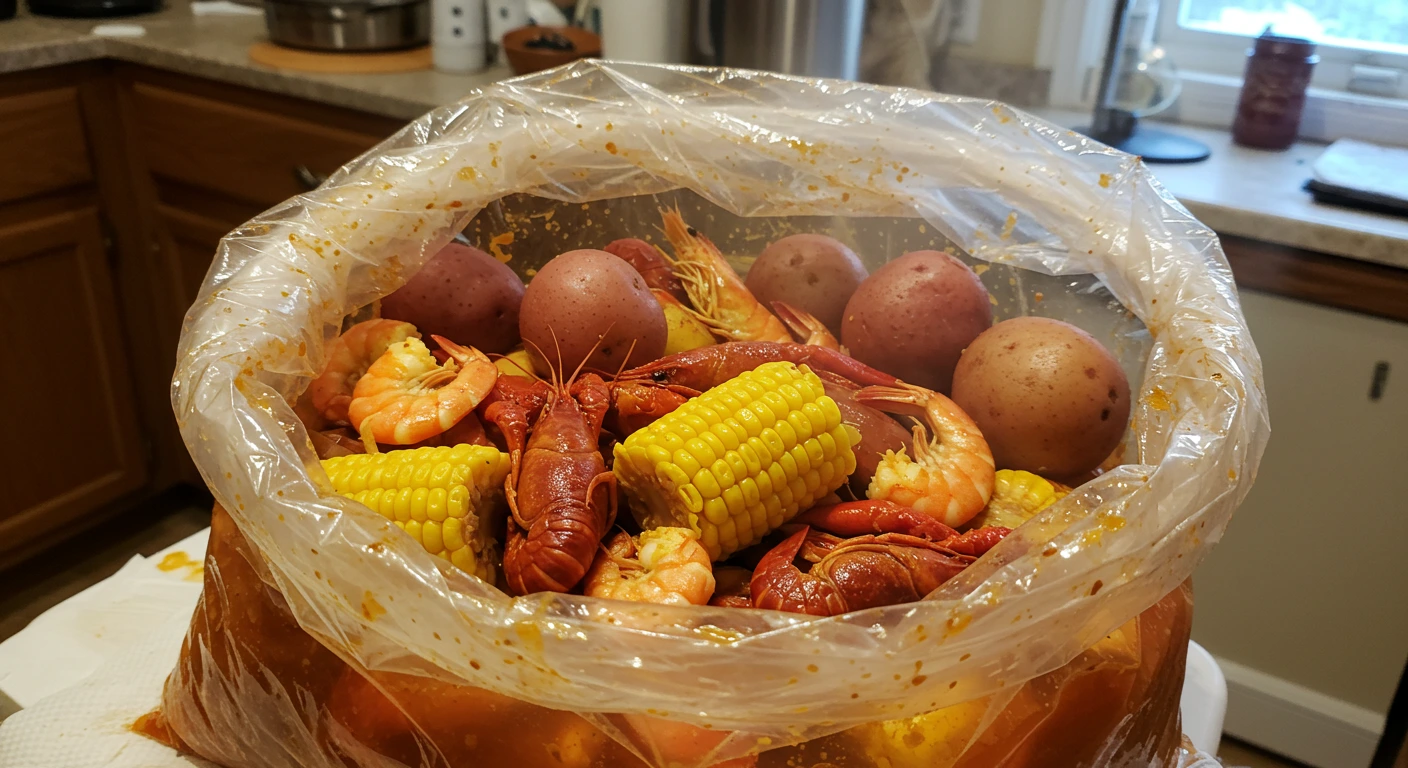 A steaming seafood boil bag filled with shrimp, crab legs, corn, and potatoes, seasoned with Cajun spices and served on a large platter.