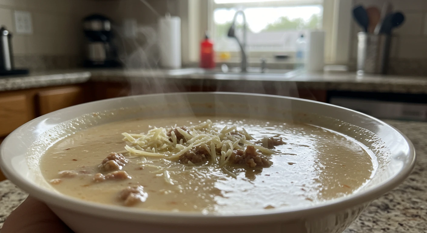 Creamy Parmesan Italian Sausage Soup in a white bowl, garnished with parsley and grated Parmesan, served with crusty bread.