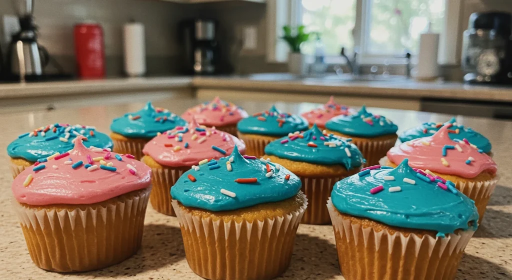 Close-up of beautifully decorated gender reveal cupcakes with white frosting, pastel sprinkles, and baby-themed toppers, revealing a hidden pink or blue filling inside.